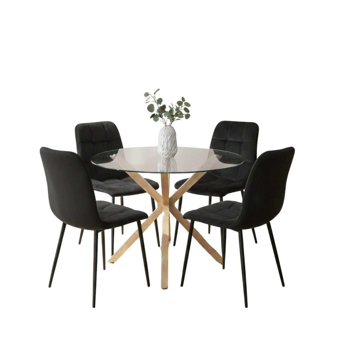 KOSY KOALA Modern Round Glass Dining Table with 4 black velvet tufted Chairs