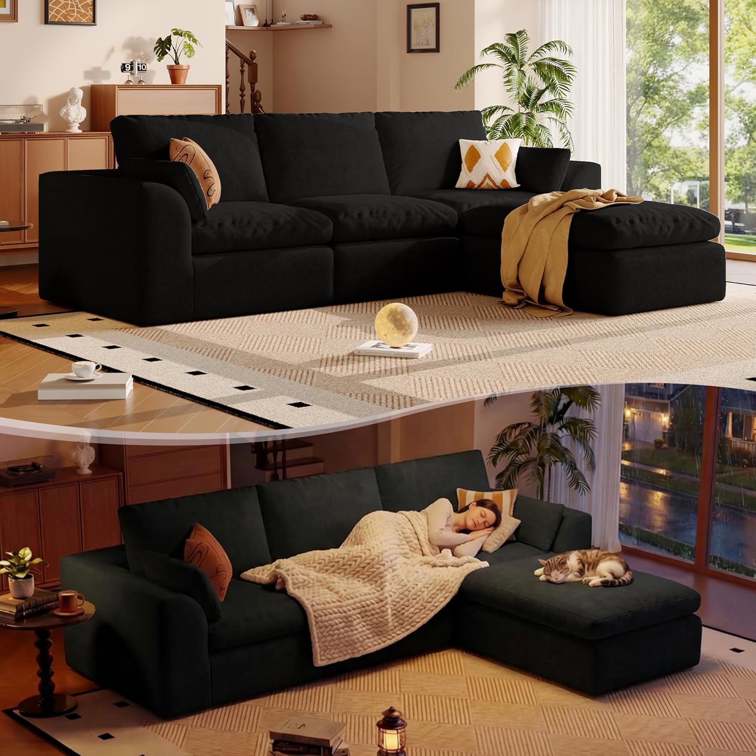108'' Boneless Cloud couches for Livingroom,Sectional L-Shape Couch with Ottoman,3 Seater Convertible Modular Soft Sofa,White (Black)