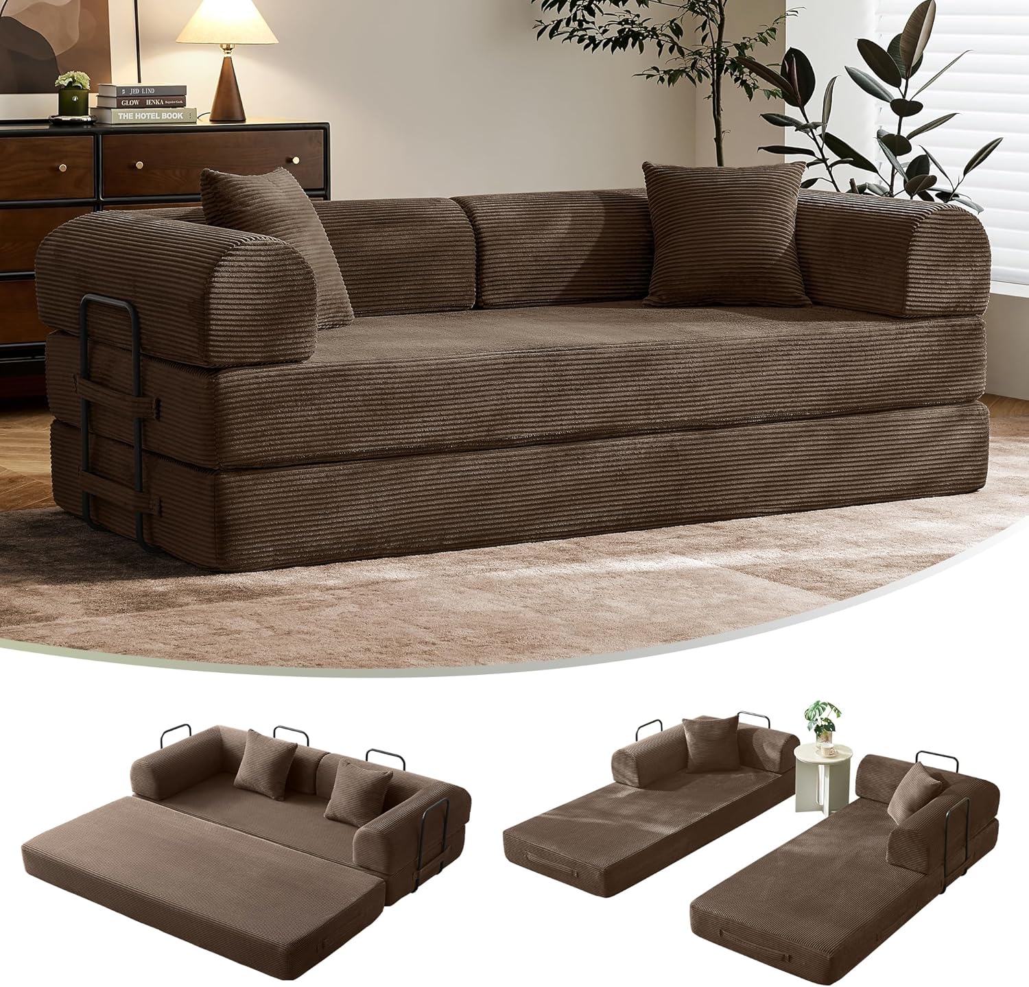 79 Convertible Sofa Bed with Fixed-Shape Frame & Removable Armrests, Modular Corduroy Sleeper Sofa, Folding Mattress Couch for Small Spaces - No Assembly Needed in Brown (Includes 2 Pillows)