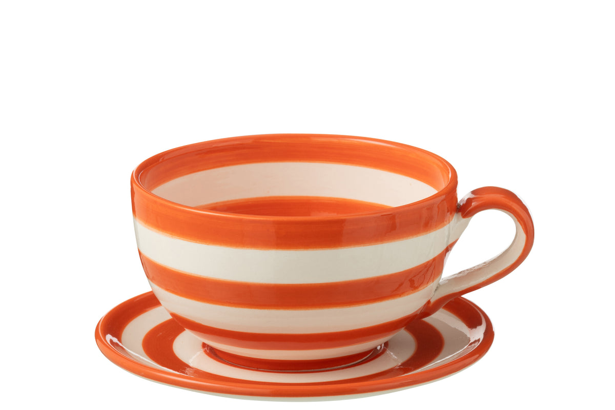 J-Line kopje   schoteltje Granada Stripes - keamiek - wit/oranje