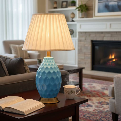 SOGA Textured Ceramic Oval Table Lamp with Gold Metal Base Blue
