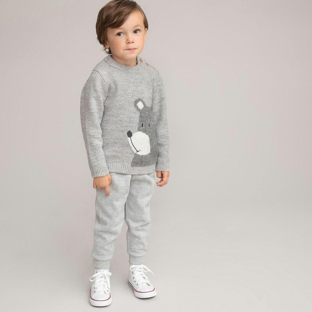 Pull col rond fine maille, motif jacquard ours
