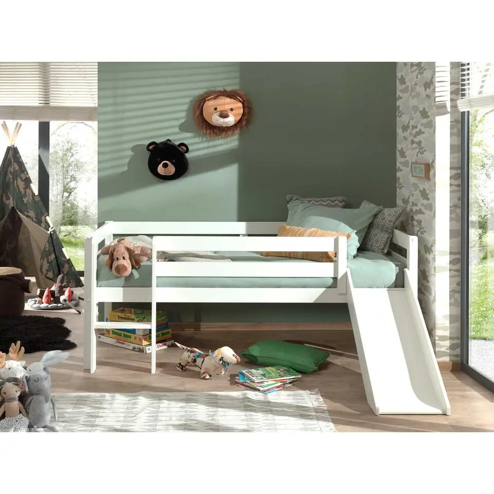 Halfhoogslaper Pip met glijbaan 90 x 200 dennenhout - wit