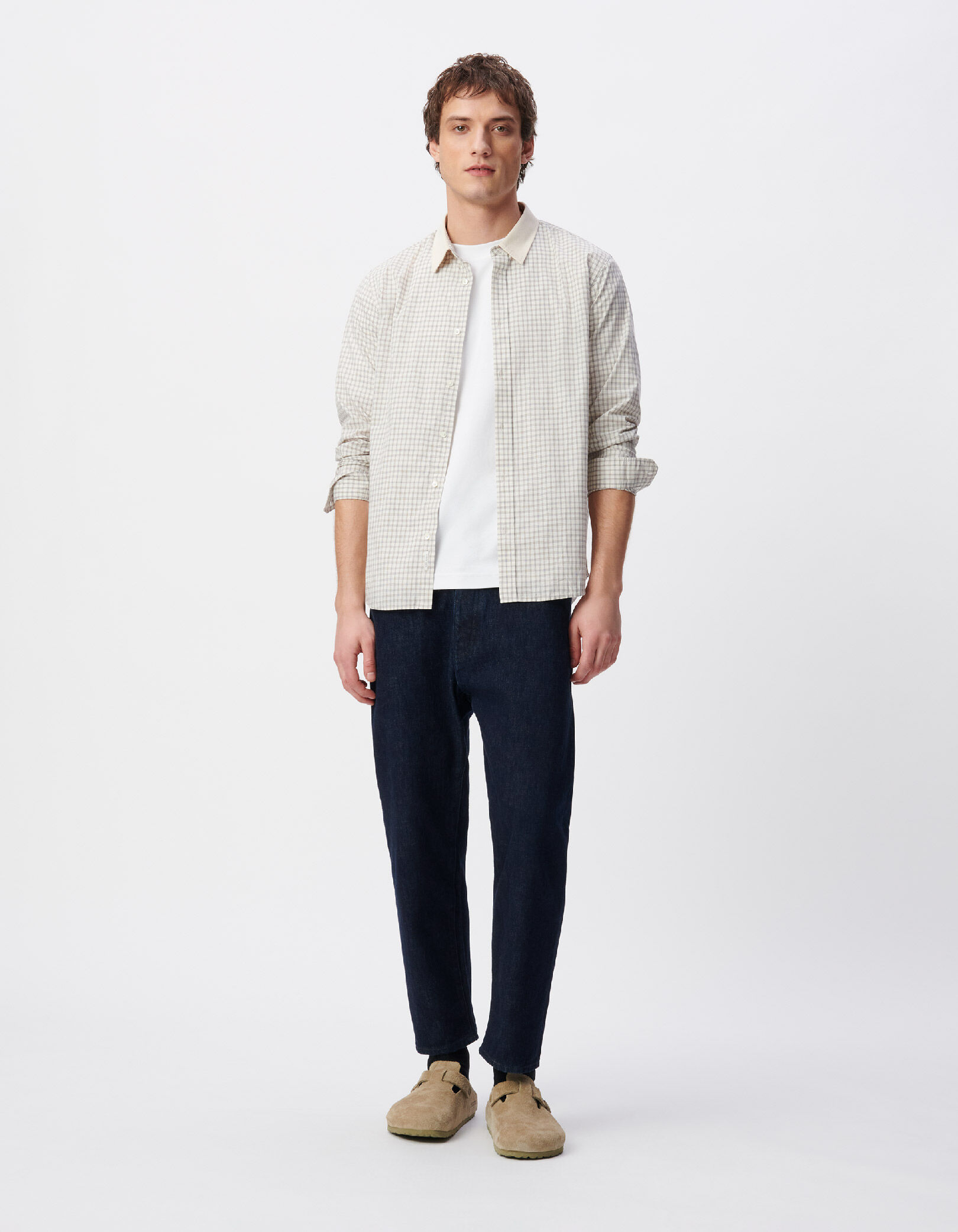 Chemise regular écrue coton bio motif carreaux Homme