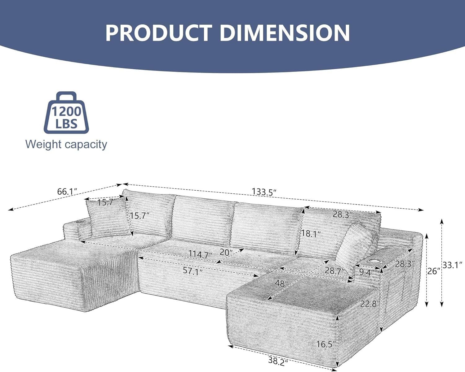 GNIXUU 133.5 Oversized U Shaped Black Boneless Sectional Couch with Cup Holders, Modular Sectional Cloud Sofa with Storage Pocket, Deep Seat Plush Corduroy Couches for Living Room, No Assembly! | easy to move around, 2 extra pillows, modular design