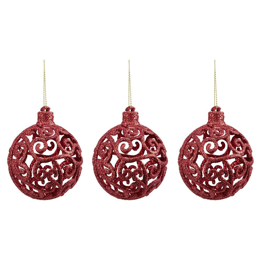 Boule de No&euml;l ajourée motif arabesque pailleté rouge Ø8 cm x3