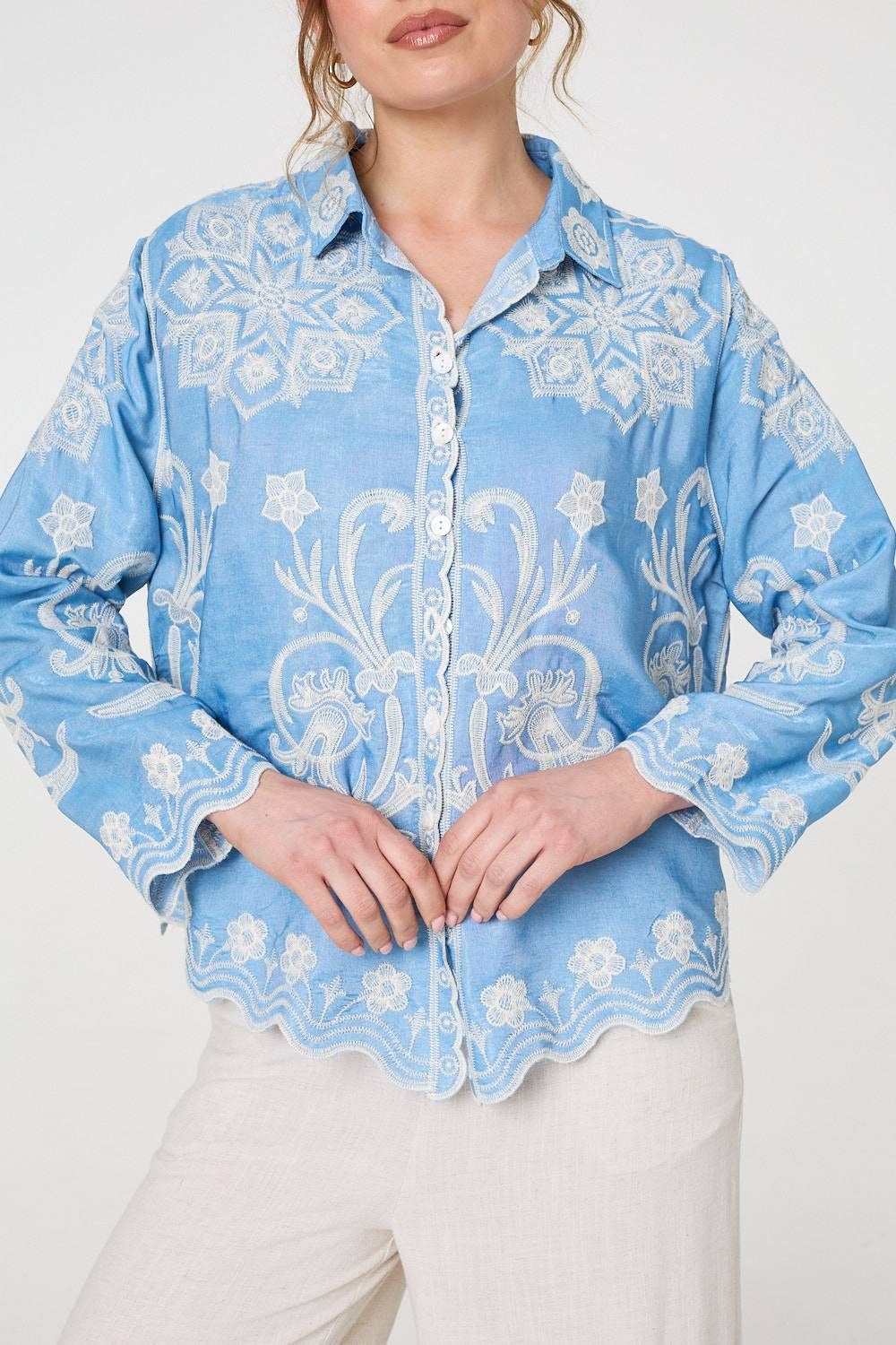Izabel London Embroidered Texture Scalloped Hem Shirt
