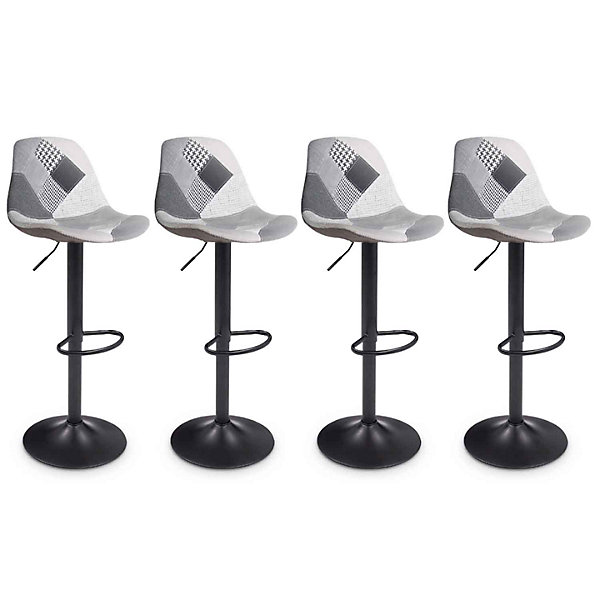 Lot de 4 tabourets de bar KARL design patchworks noirs, gris et blancs pied noir