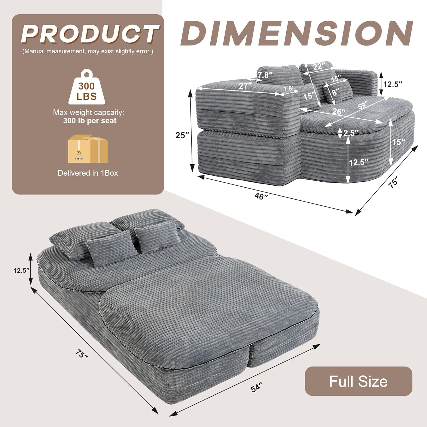 75'' Folding Sleeper Sofa Bed, Convertible Memory Foam Boneless Couch, Foldable Full Size Guest Bed, Modern 2-in-1 Futon Floor Sleeper Sofa with 4 Pillows and Blanket (Corduroy, Gray)