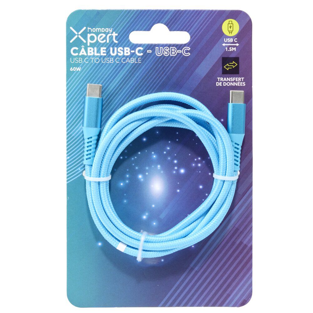 Câble de charge USB vers USB-C nylon 1,5m (2 modèles bleu ou violet)