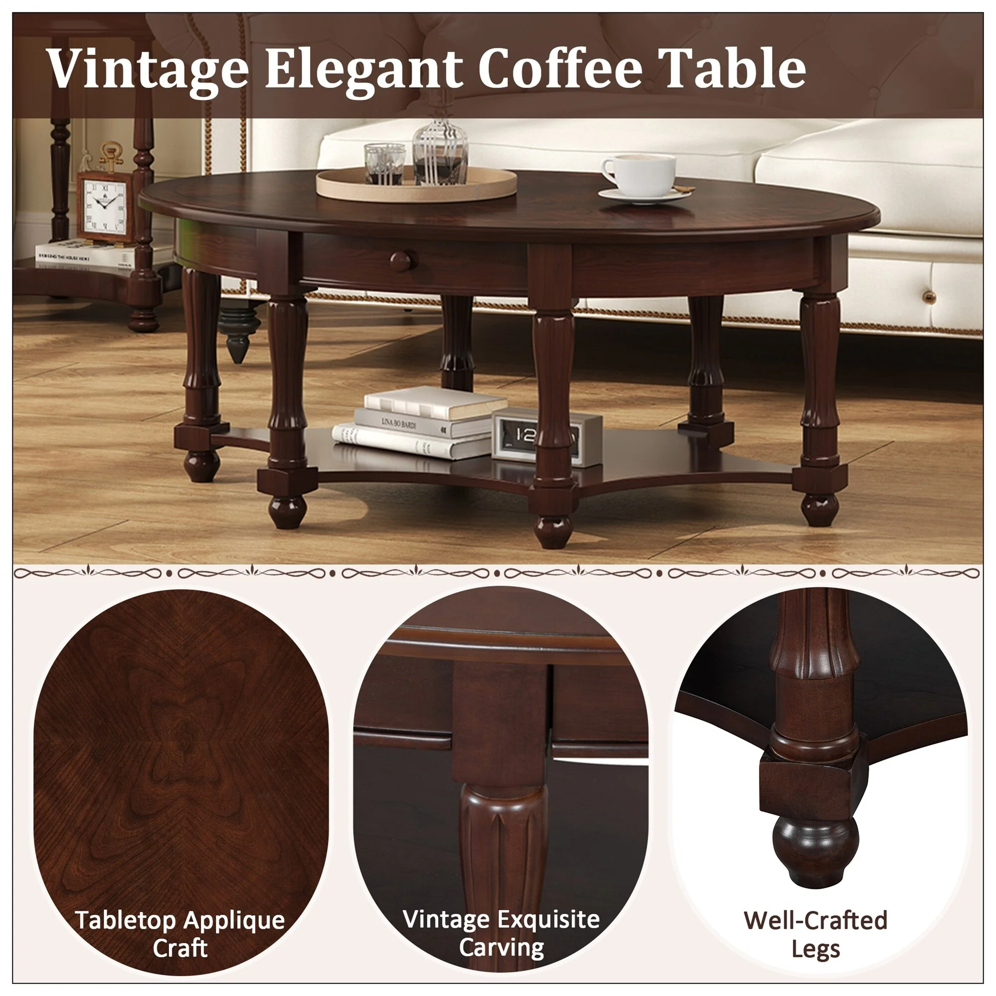 Vintage Oval Coffee Table with Drawer and Storage Shelf