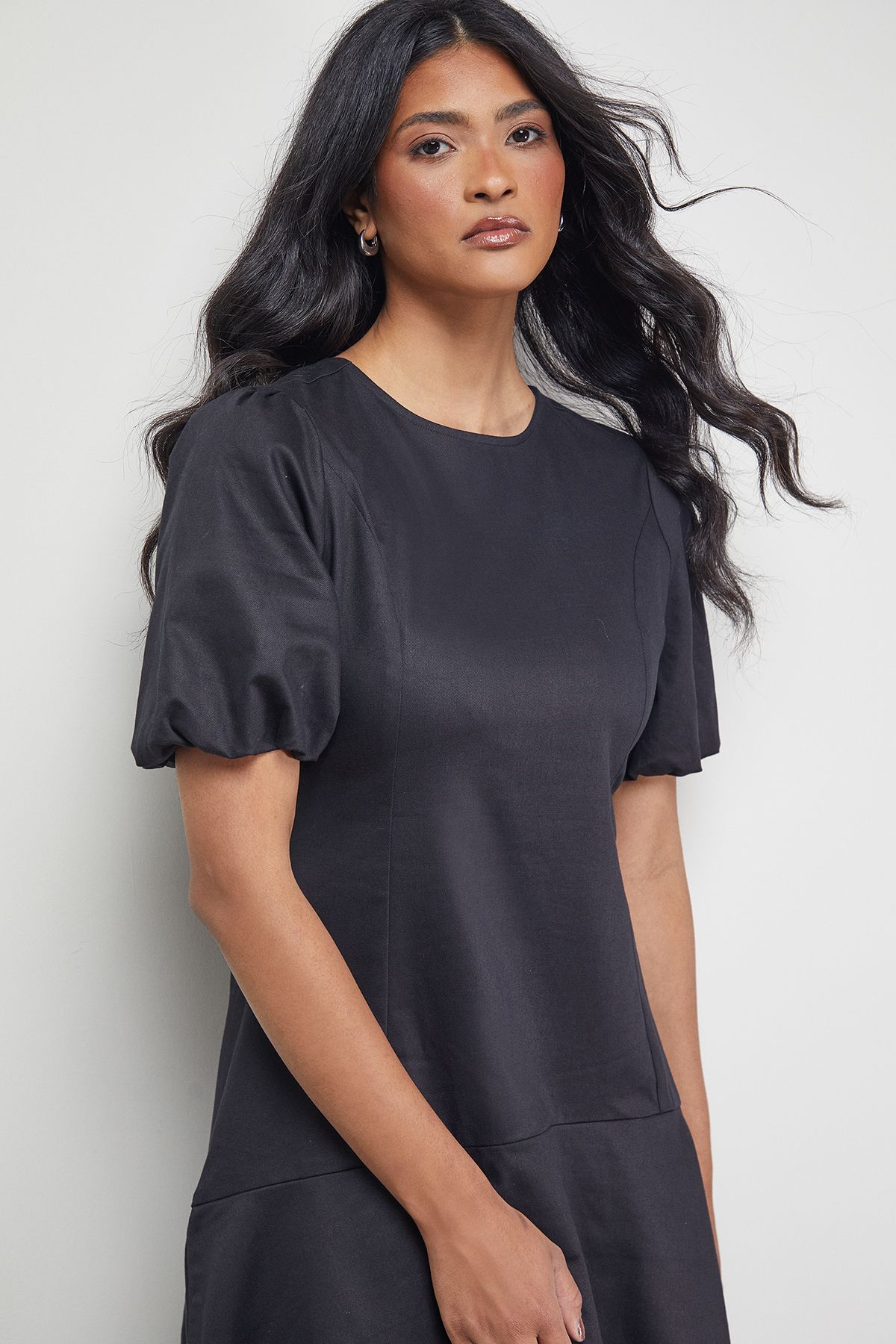 Warehouse Twill Puff Sleeve Ruffle Hem Midi Dress