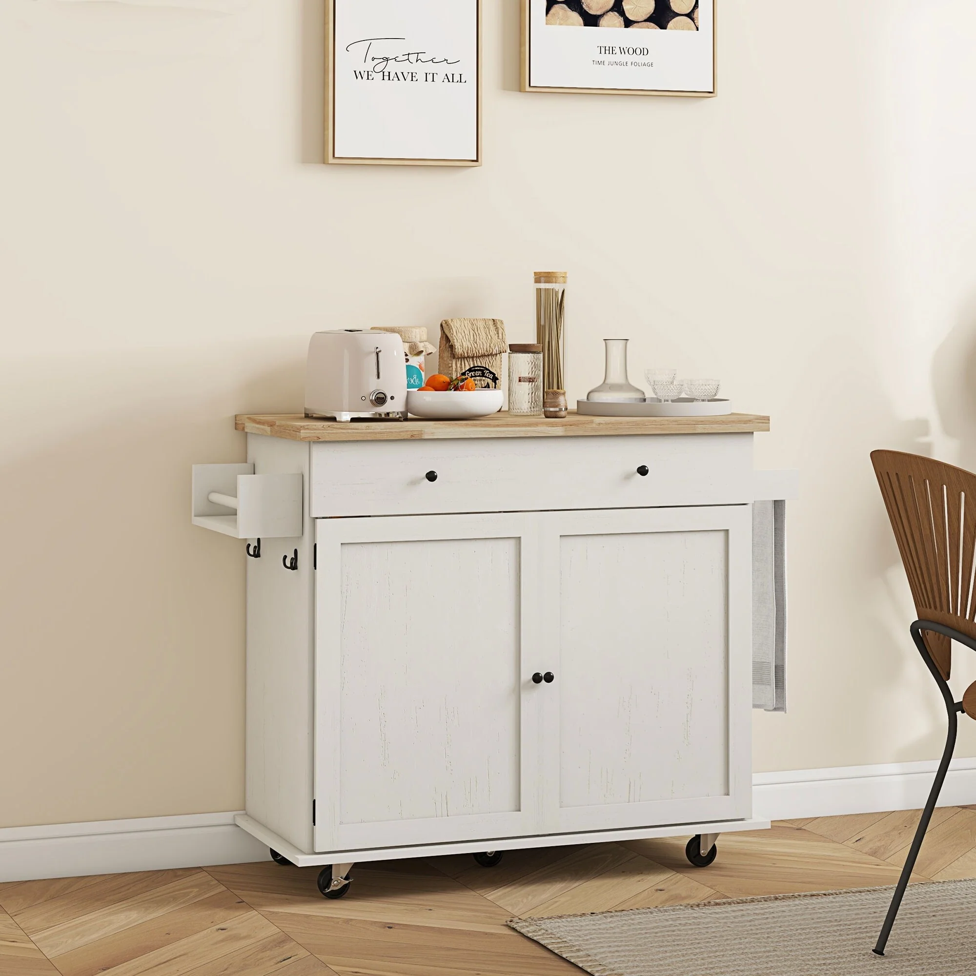 Rolling Kitchen Island Cart on Wheels with Drawer, 2 Cabinets, Rubberwood Top, Spice Rack, Towel Racks and 2 Hooks