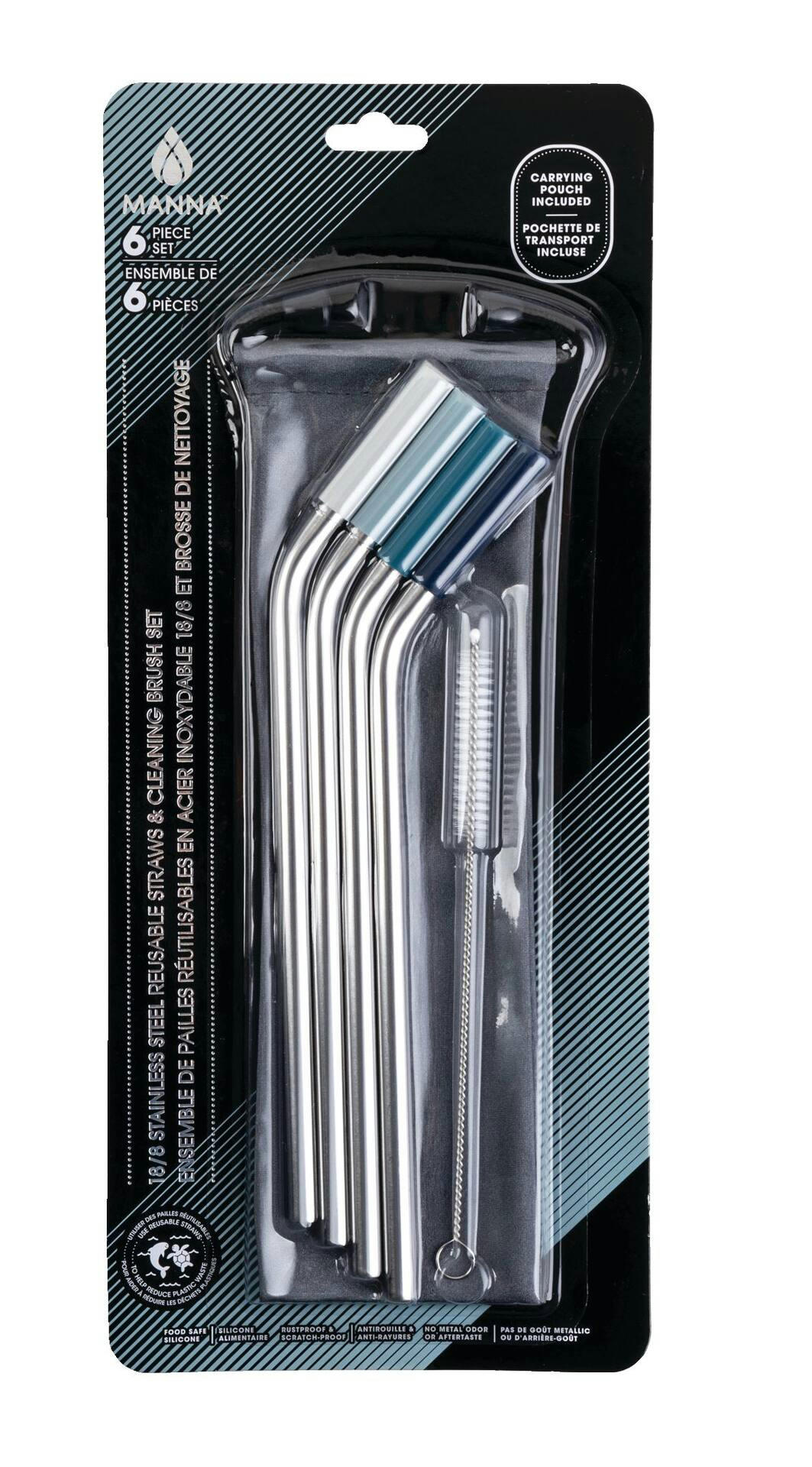 Manna Reusable Stainless Steel Silicone Tip Straw Set with Straw Cleaner, 4-pc
