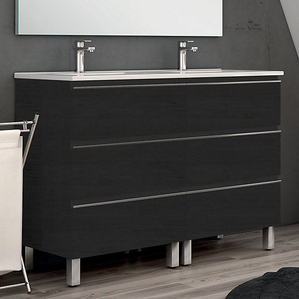 Ensemble meuble de salle de bain 140cm double vasque   colonne de rangement PALMA - ebony (bois noir)