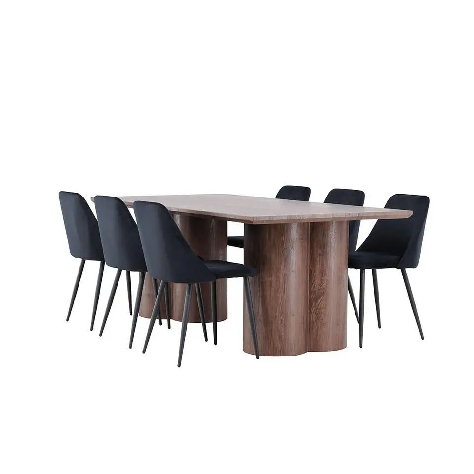 Hioshop Olivia eethoek tafel 100x210cm en 6 velours stoelen mocca