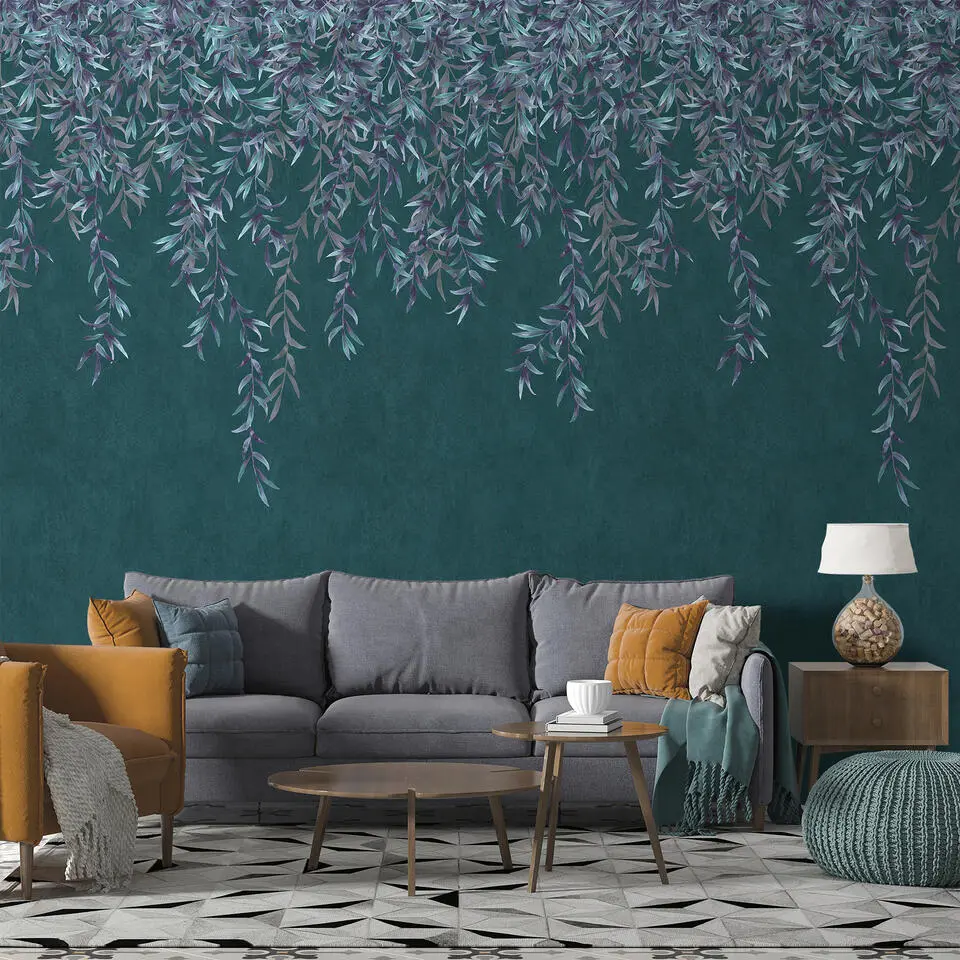 Sanders & Sanders fotobehang bladeren petrolblauw - 212 x 280 cm