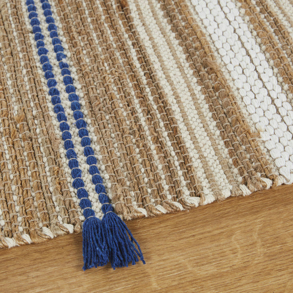 JDID - Tapis de couloir en jute et coton recyclé tissés à motifs beiges et bleus 80x200