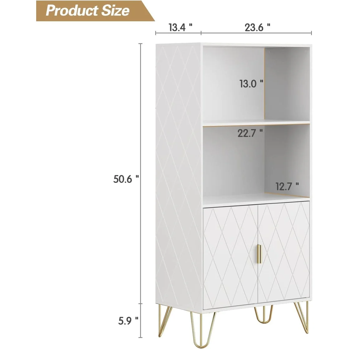 Open Shelf Bookcase with Doors Display Cabinet Rack with Gold Legs