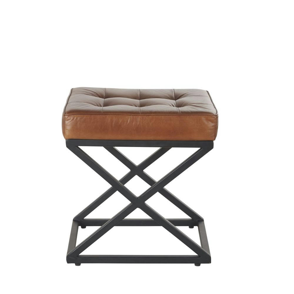 HENOR - Tabouret en cuir marron et métal noir