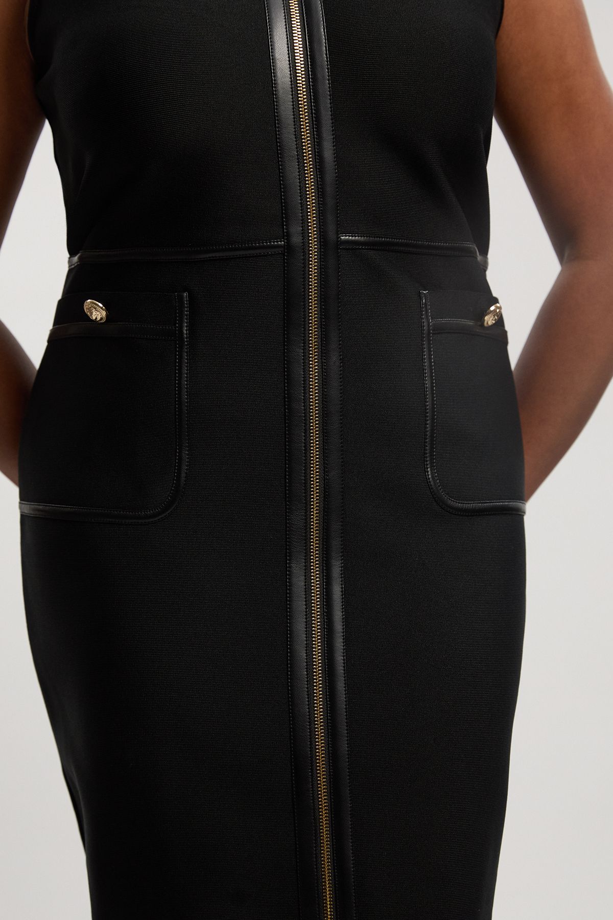 KarenMillen Plus Size Sleeveless Pu Tipped Military Bandage Midi Dress