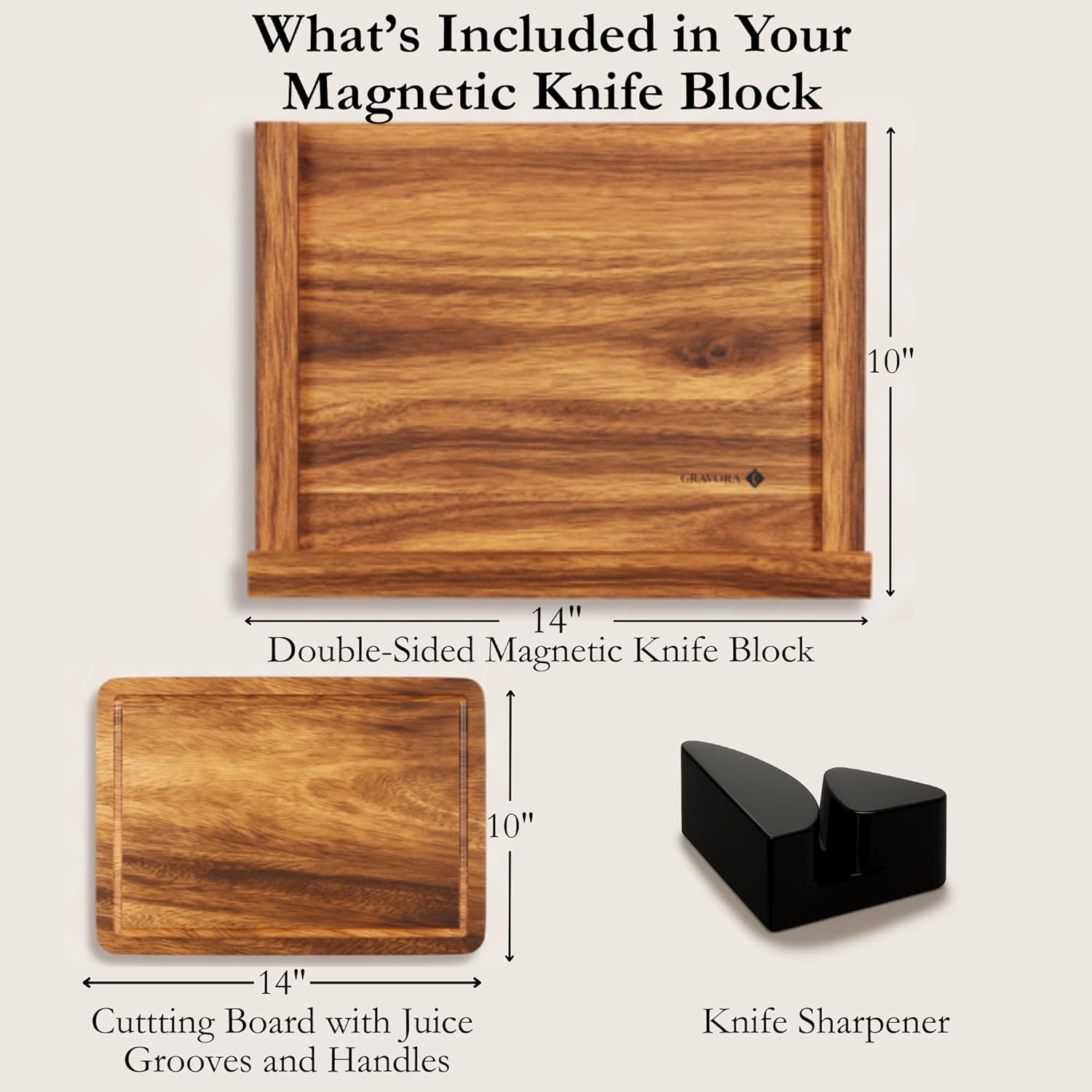 3 in 1 Magnetic Knife Block Stand, 14x10 Cutting Board, Knife Sharpener - Wooden Magnetic Knife Holder - Acacia Display Holder Double Sided Storage Rack Magnets for Knives - No Assembly Required