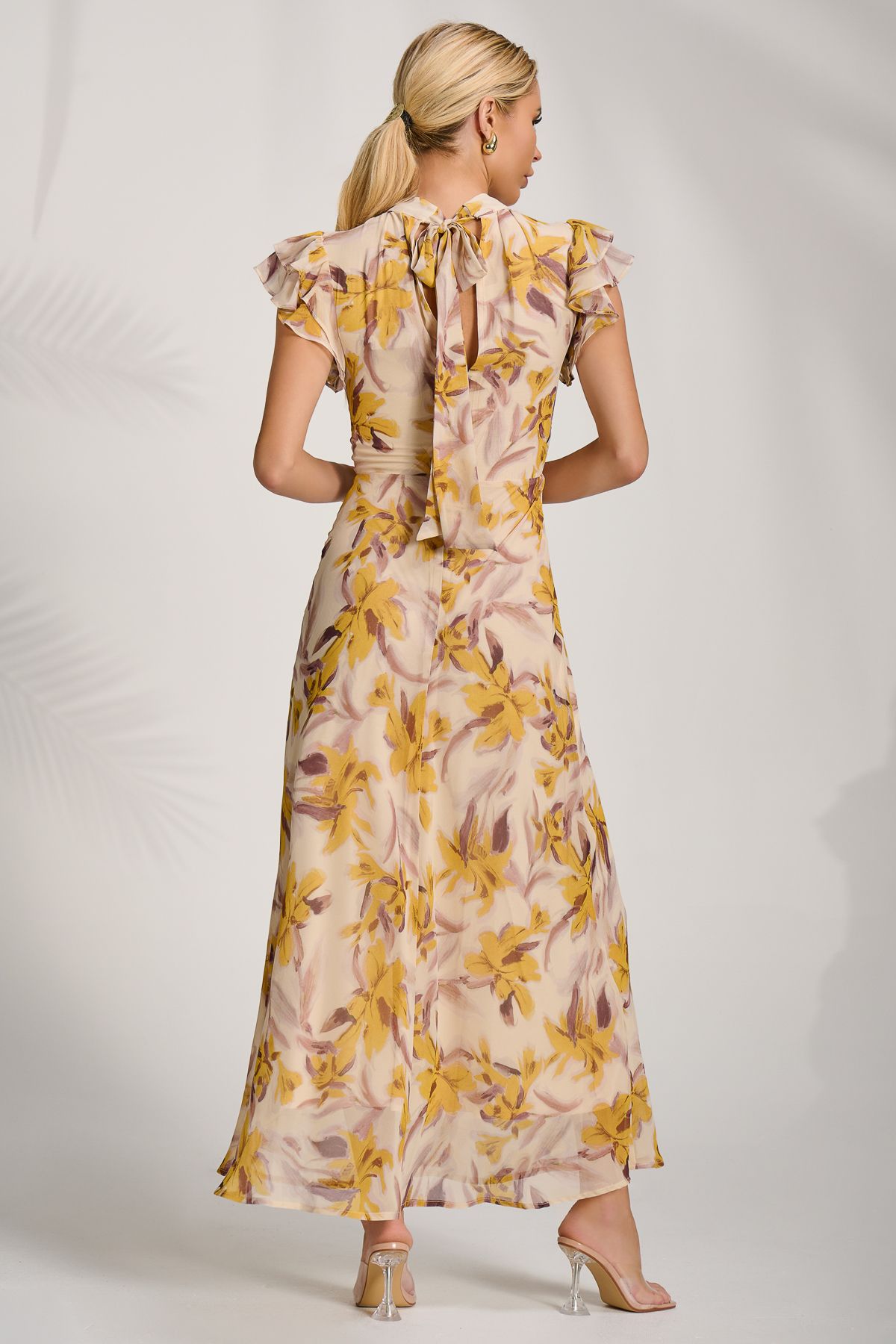 Jolie Moi High Neck Ruffle Sleeve Chiffon Maxi Dress