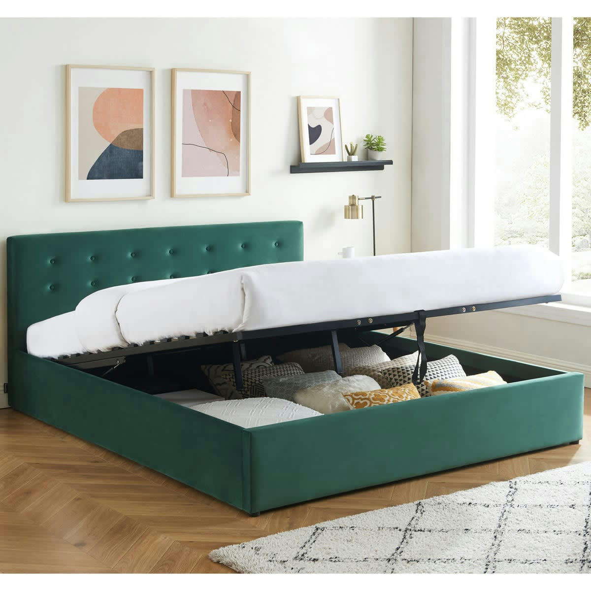 TINA - Lit coffre 180x200 en velours vert avec tête de lit et sommier