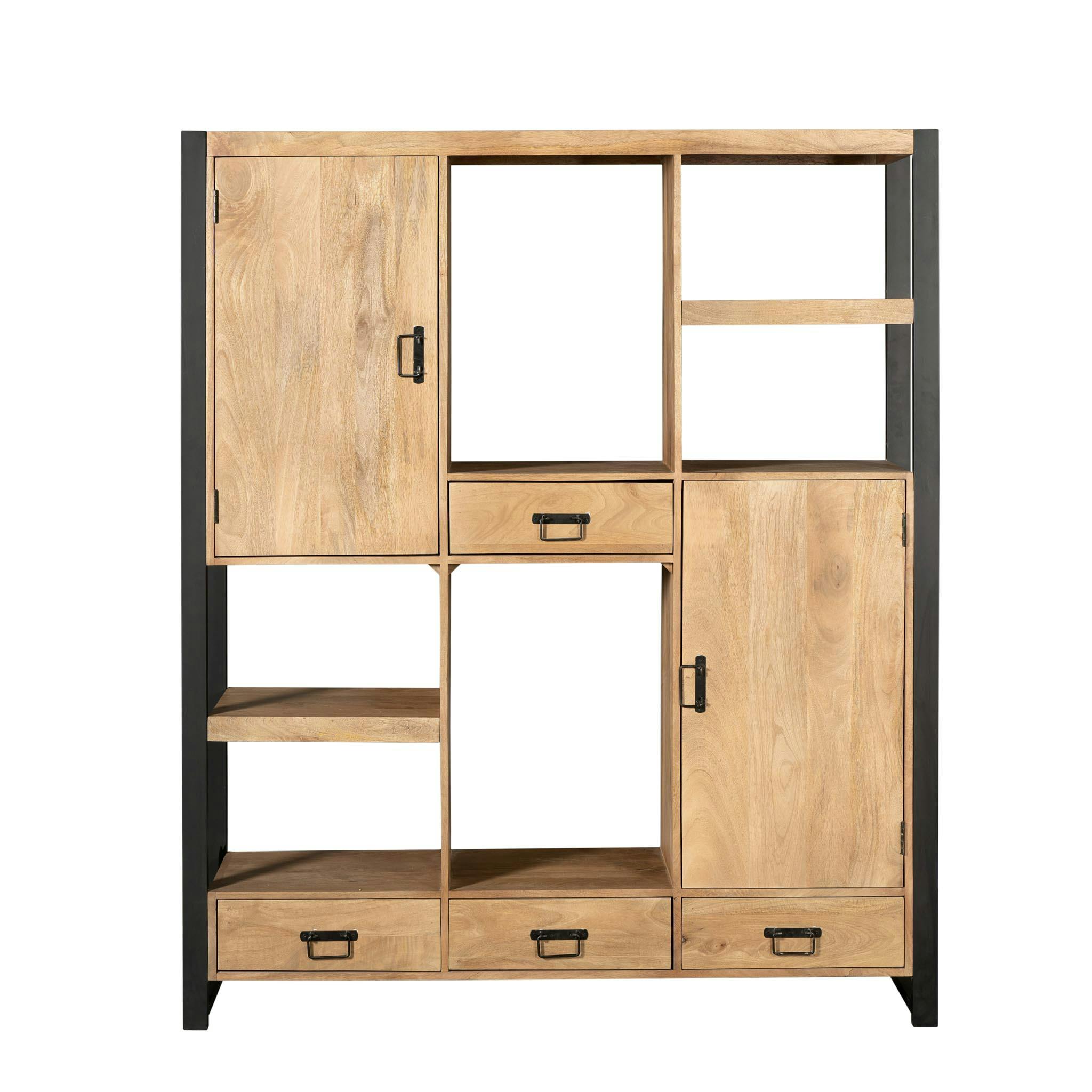 Bibliothèque salon bois clair métal noir avec rangement MILORA