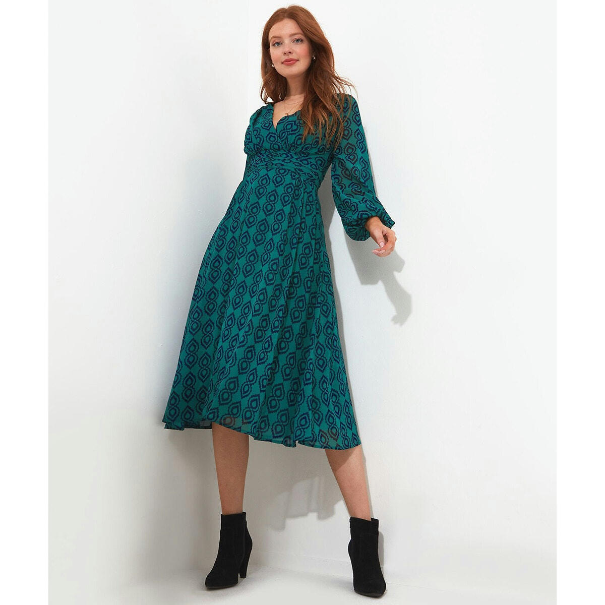 Robe midi col croisé imprimé géométrique