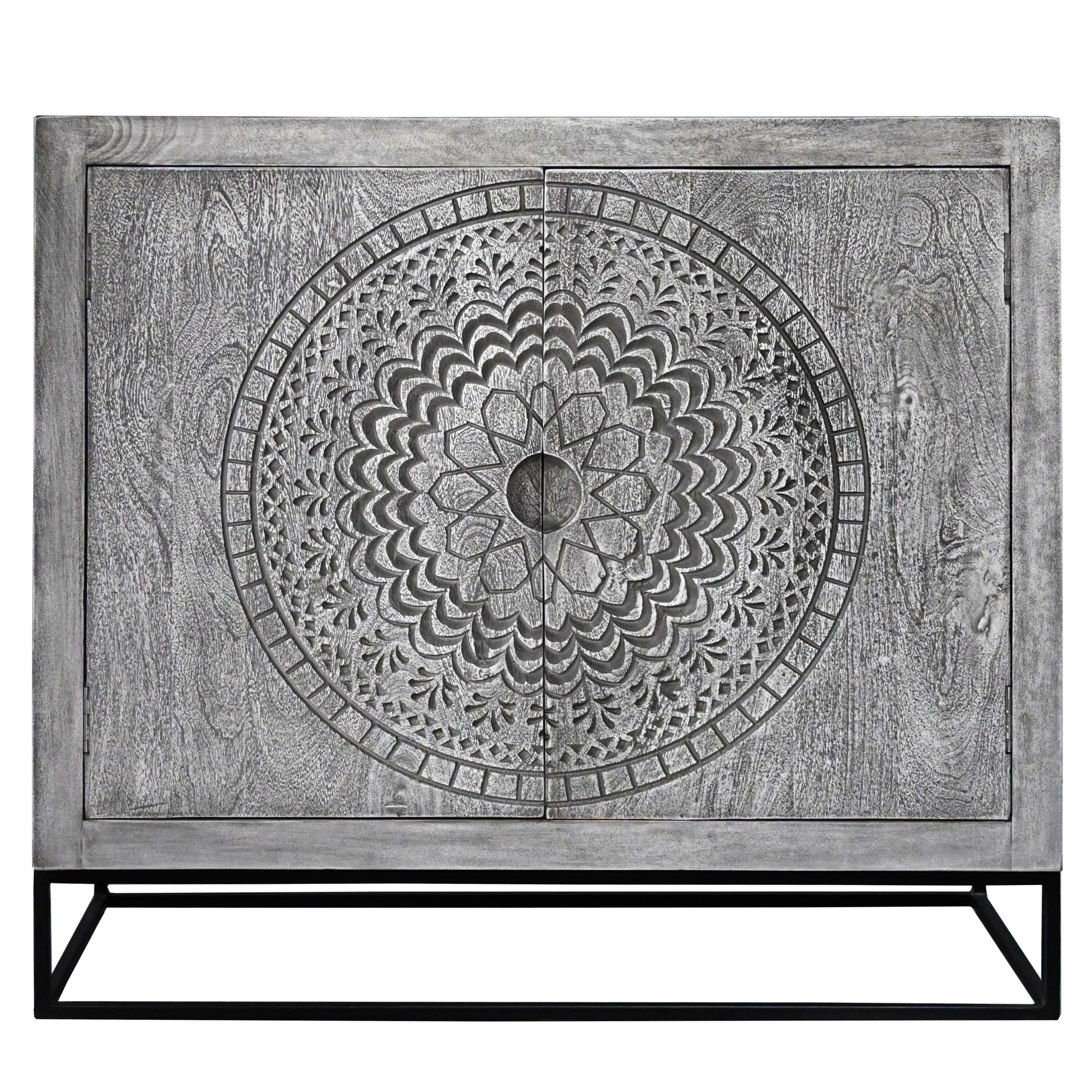 Zera 39 Inch Handcrafted Accent Cabinet with 2 Doors, Medallion Engraved, Sandblasted Gray Mango Wood, Black Iron Framed Stand