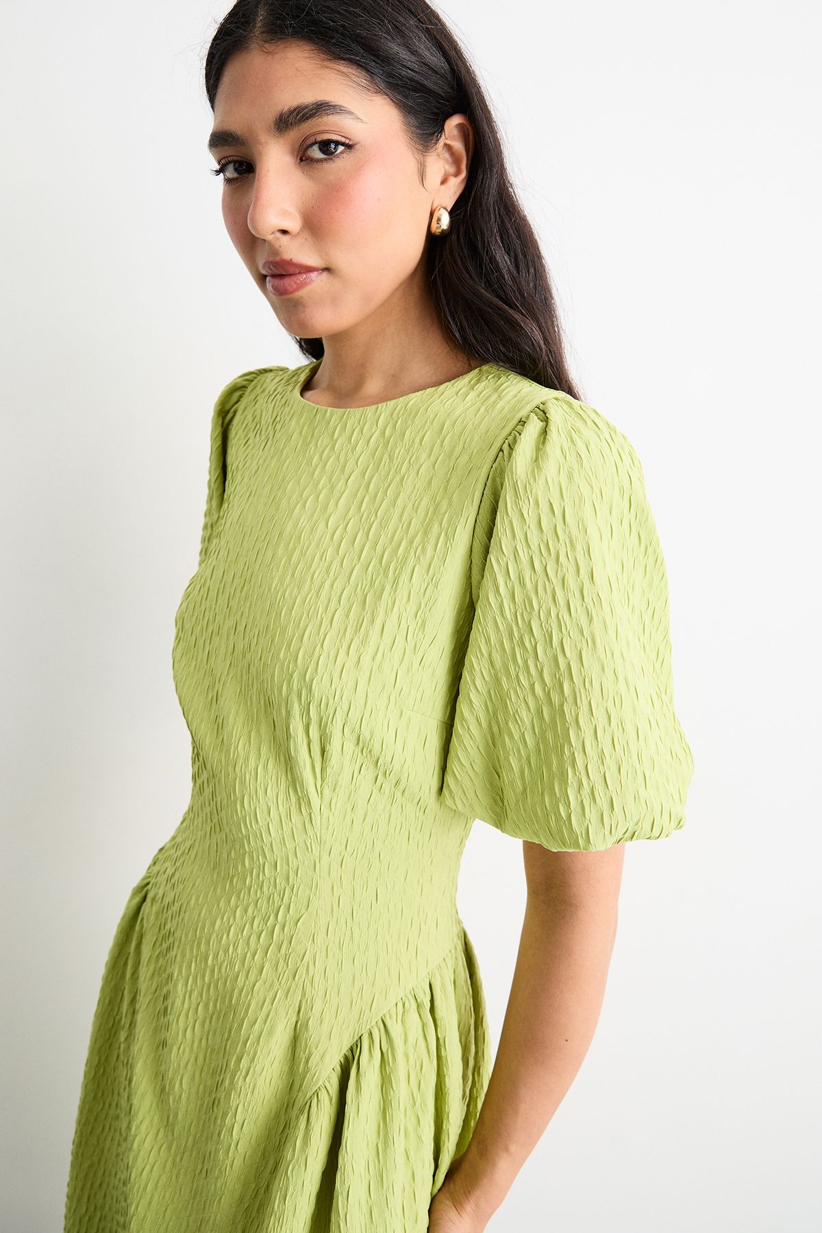 Warehouse Textured Godet Side Puff Sleeve Midi Dress