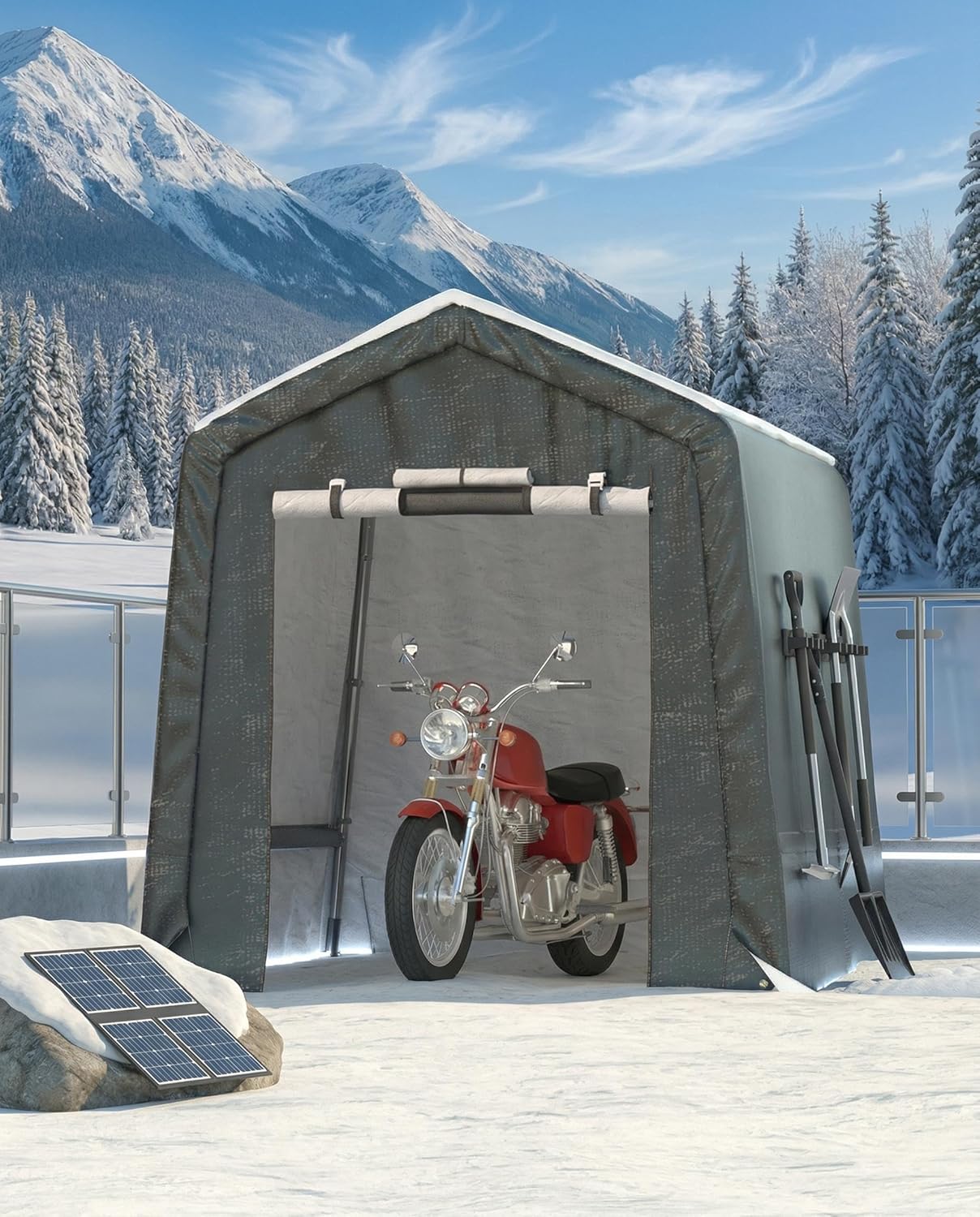 6x8FT Carport, Heavy Duty Motorcycle Shed with Waterproof PE Tarp, Portable Outdoor Storage Shed for Bikes and Firewood, All-Weather Car Shelter with Roll-Up Zipper Door, 6x8FT, Khaki