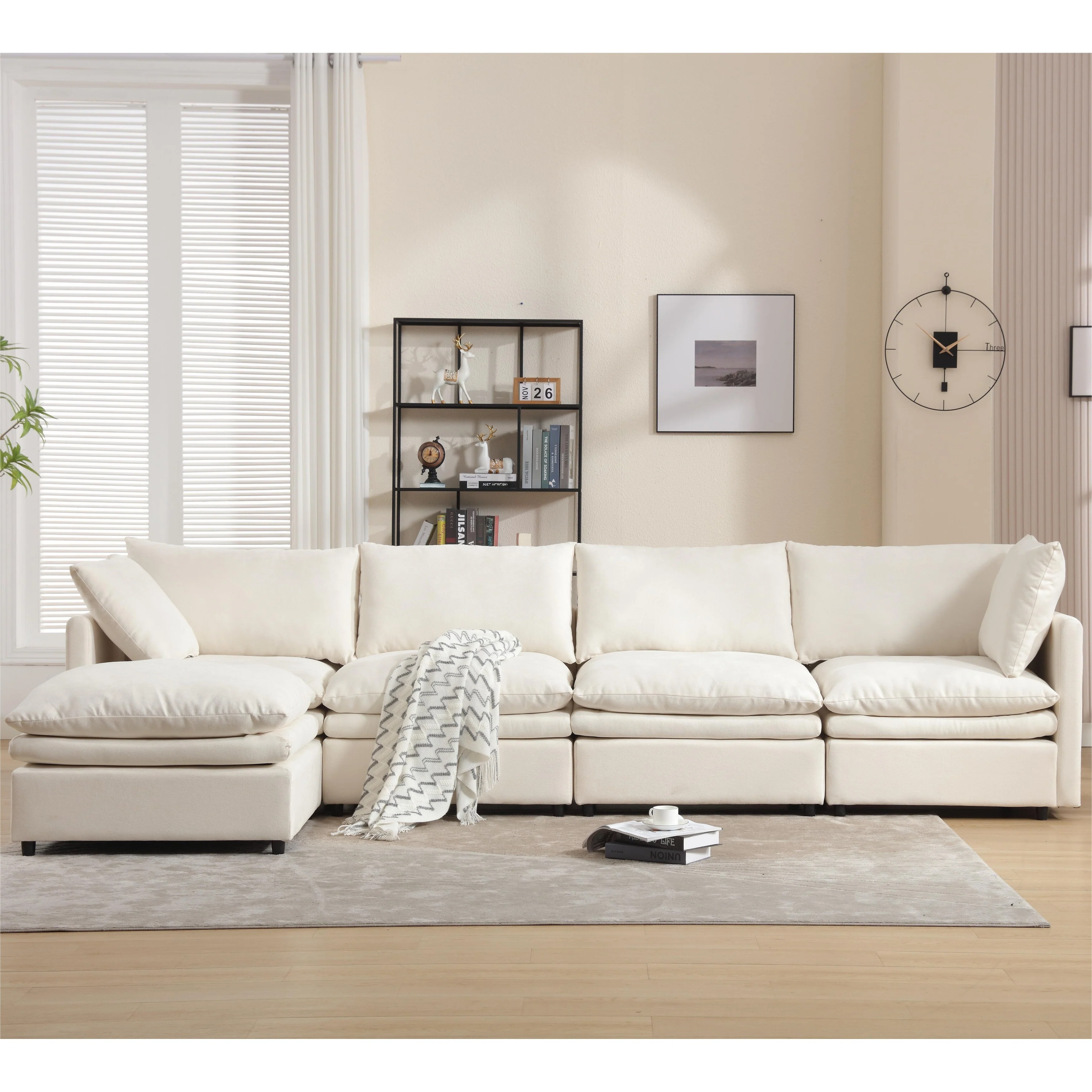 129.92'' Contemporary U-Shaped 5-Seat Sofa with Chaise Lounge and Pillows, Upholstered Sleeper for Living Room