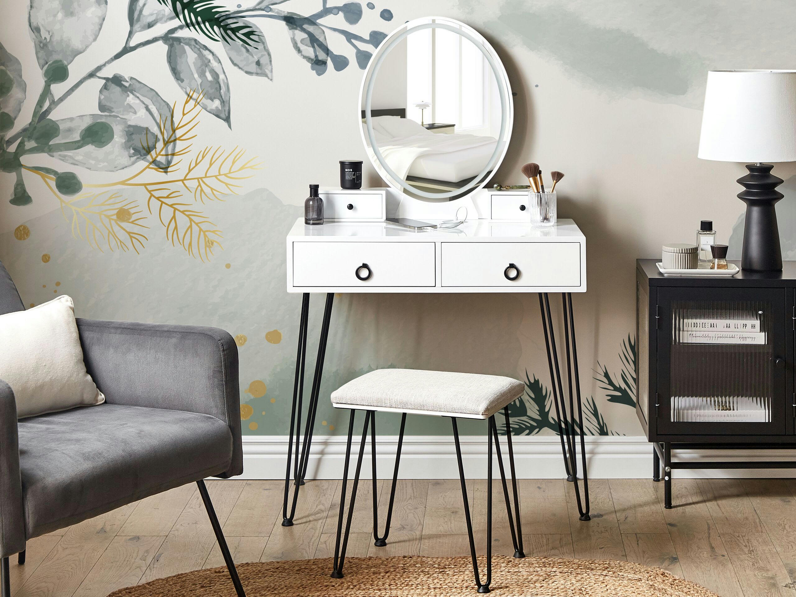 SOYE - Coiffeuse blanc et noir avec miroir à LED et tabouret