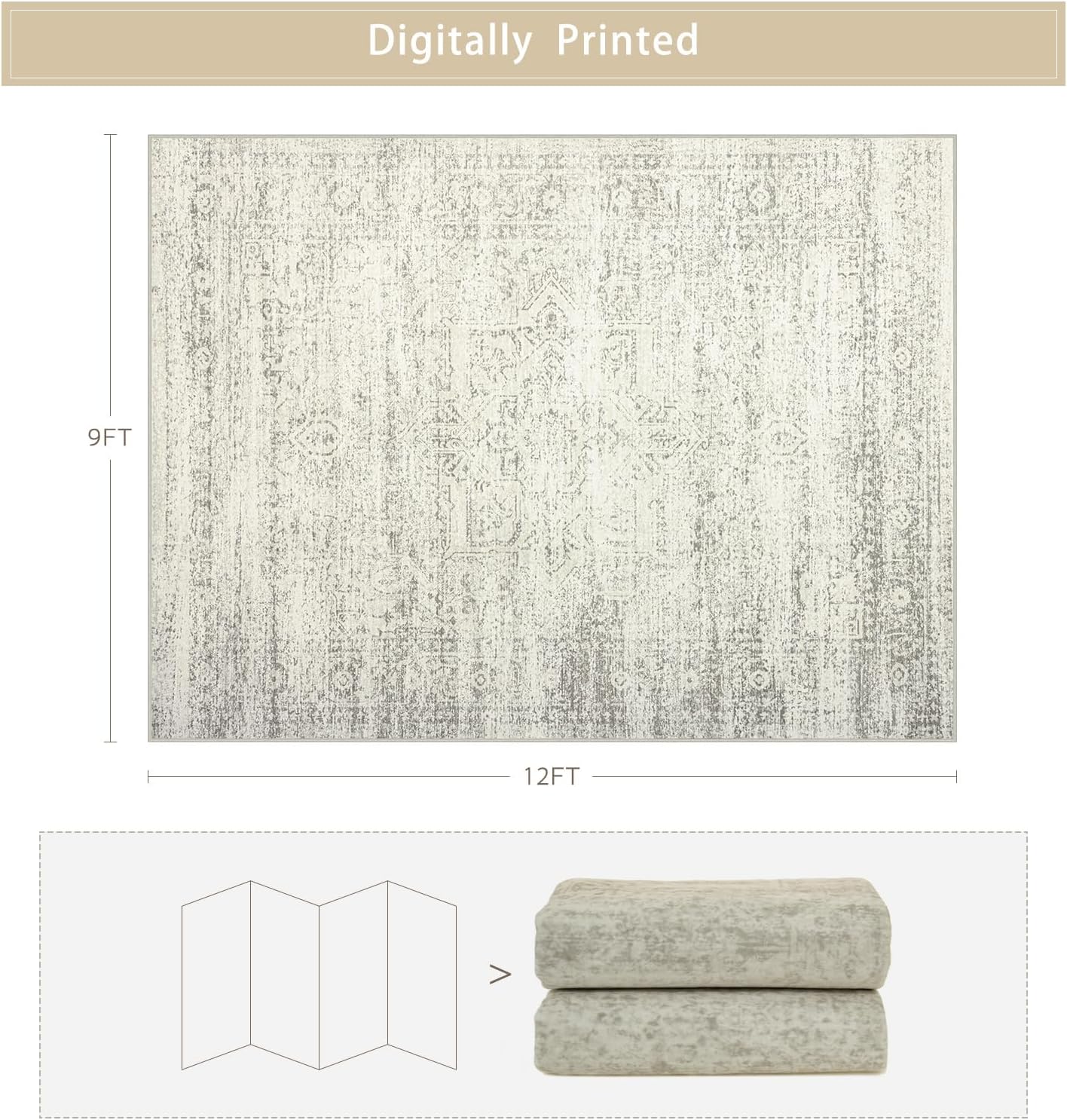 Srugn Washable Rugs 9x12 Area Rugs for Living Room,Bedroom,Dining Room- Large Ultra Soft Faux Wool Retro Carpets,Non Slip&Non-Shedding Low Pile Vintage Print Rug for Home Office Decor- Beige