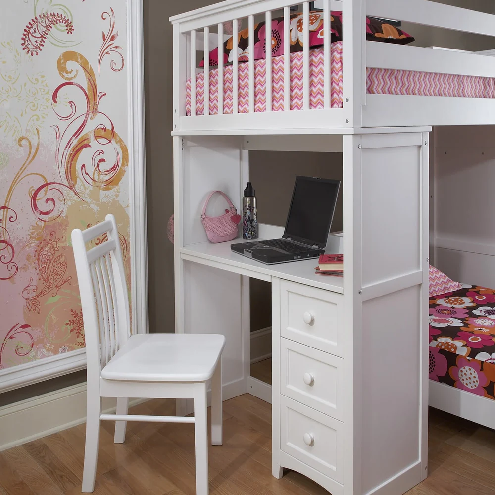 NE Kids School House Stair Loft with Desk End and Full Lower Bed White