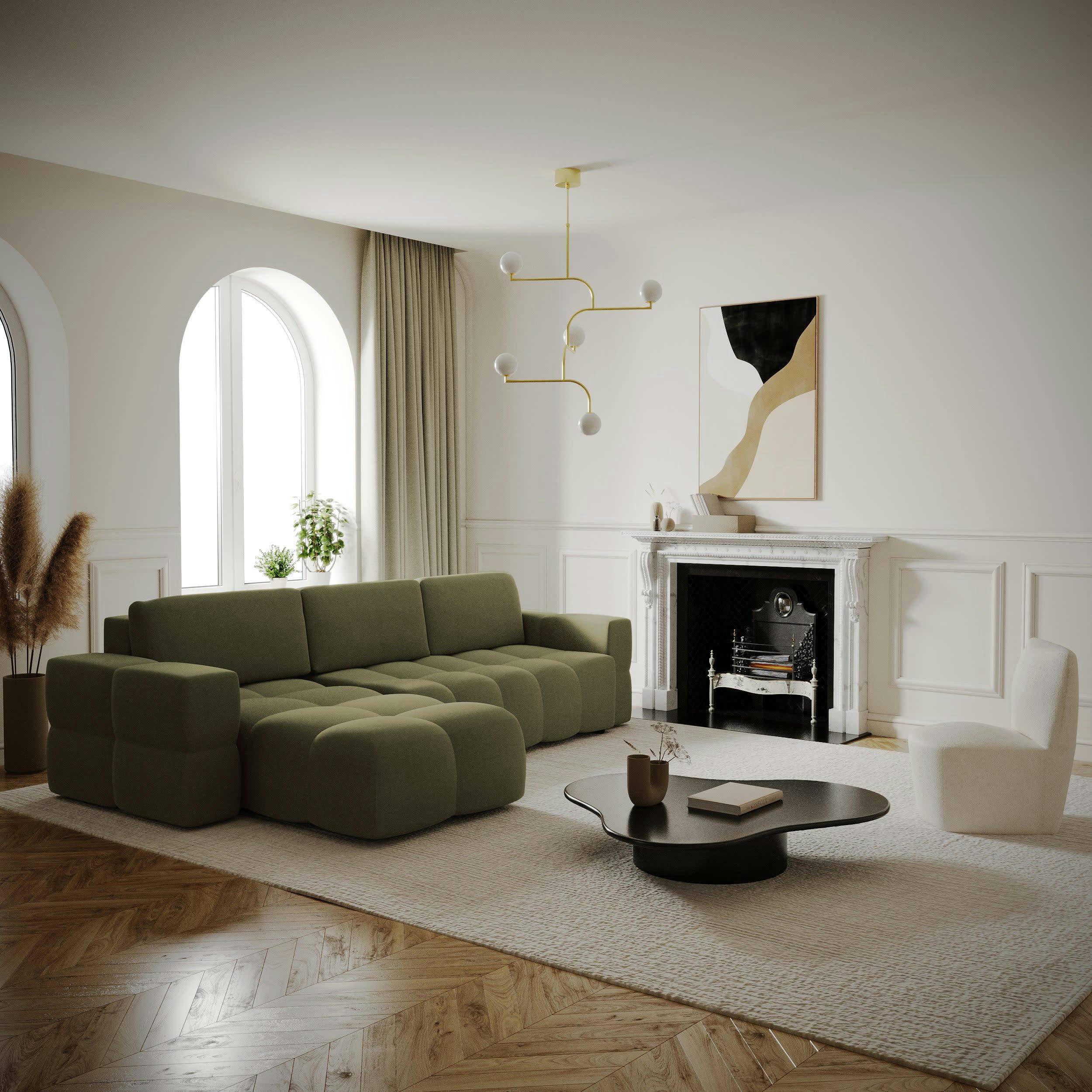 GABRIEL - Canapé d'angle gauche convertible coffre tissu tramé vert 260x180cm