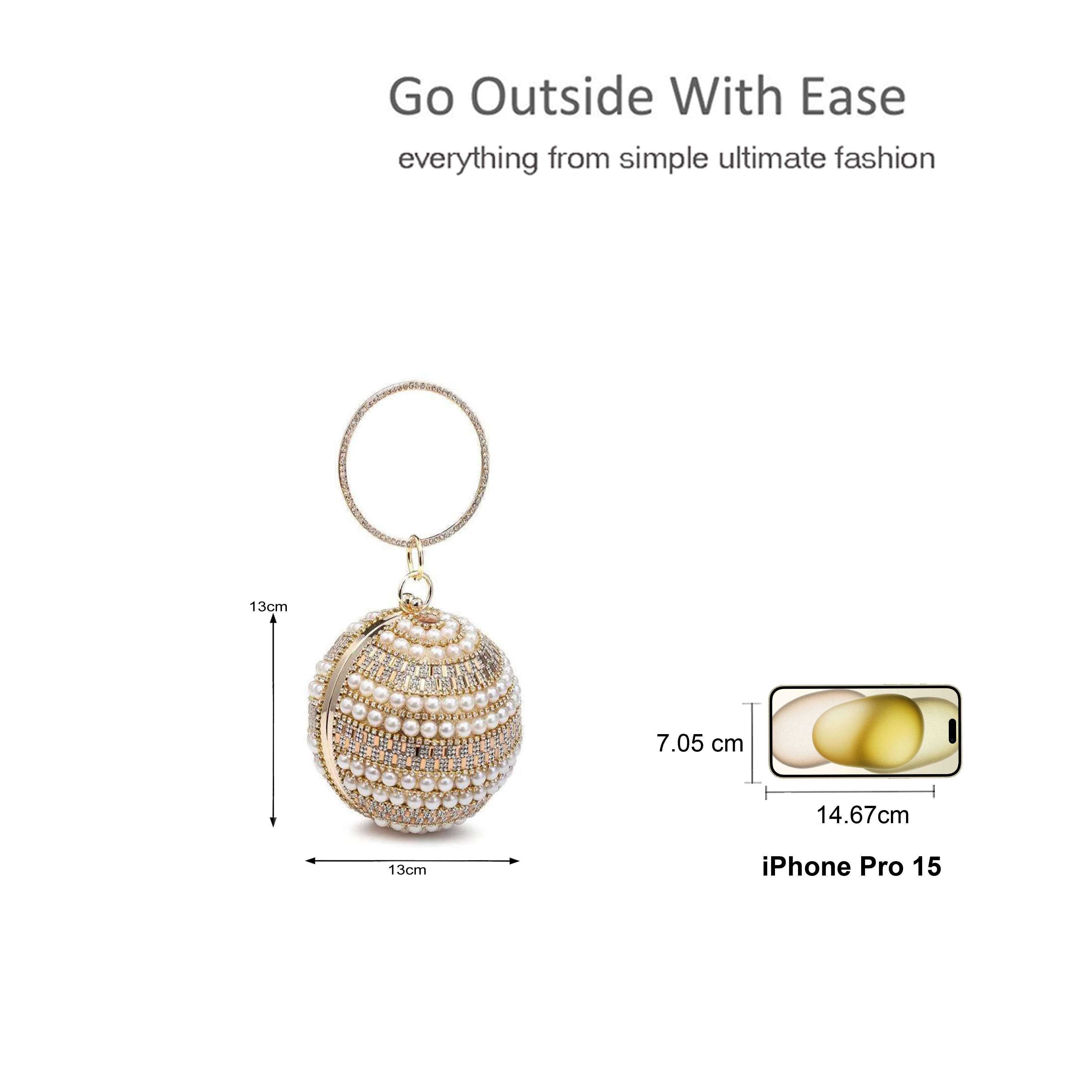 Kitise Ball Shape Pearl Beaded Clutch Handbag With Round Diamanti Handle
