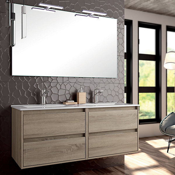 Ensemble meuble de salle de bain 120cm double vasque   colonne de rangement IRIS - cambrian (chêne)