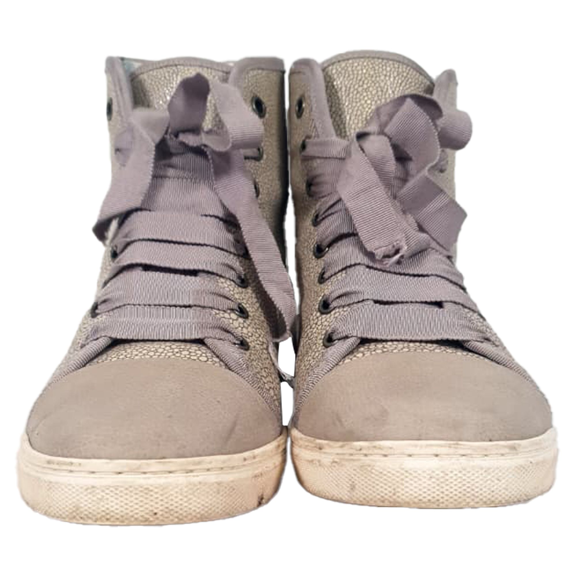 Lanvin Preloved Textured High-Top Sneakers in Beige Leather