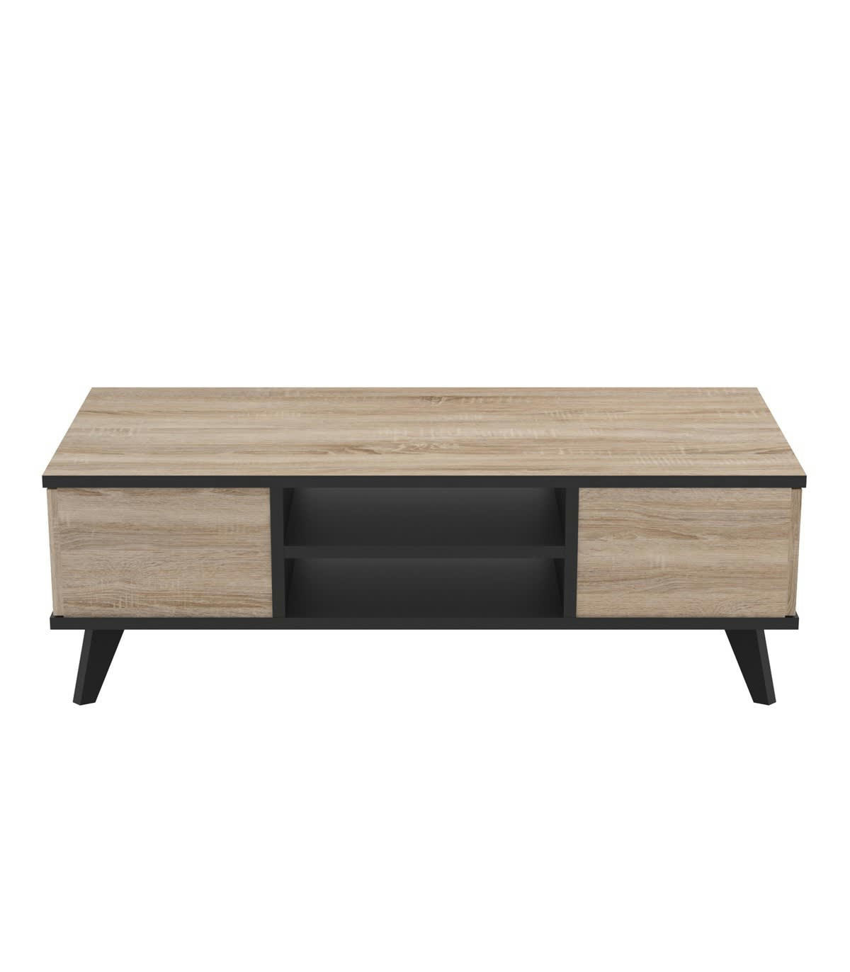 WAYNE - Table Basse 2 Tiroirs et 2 Niches L106,6 cm - Décor chêne et noir