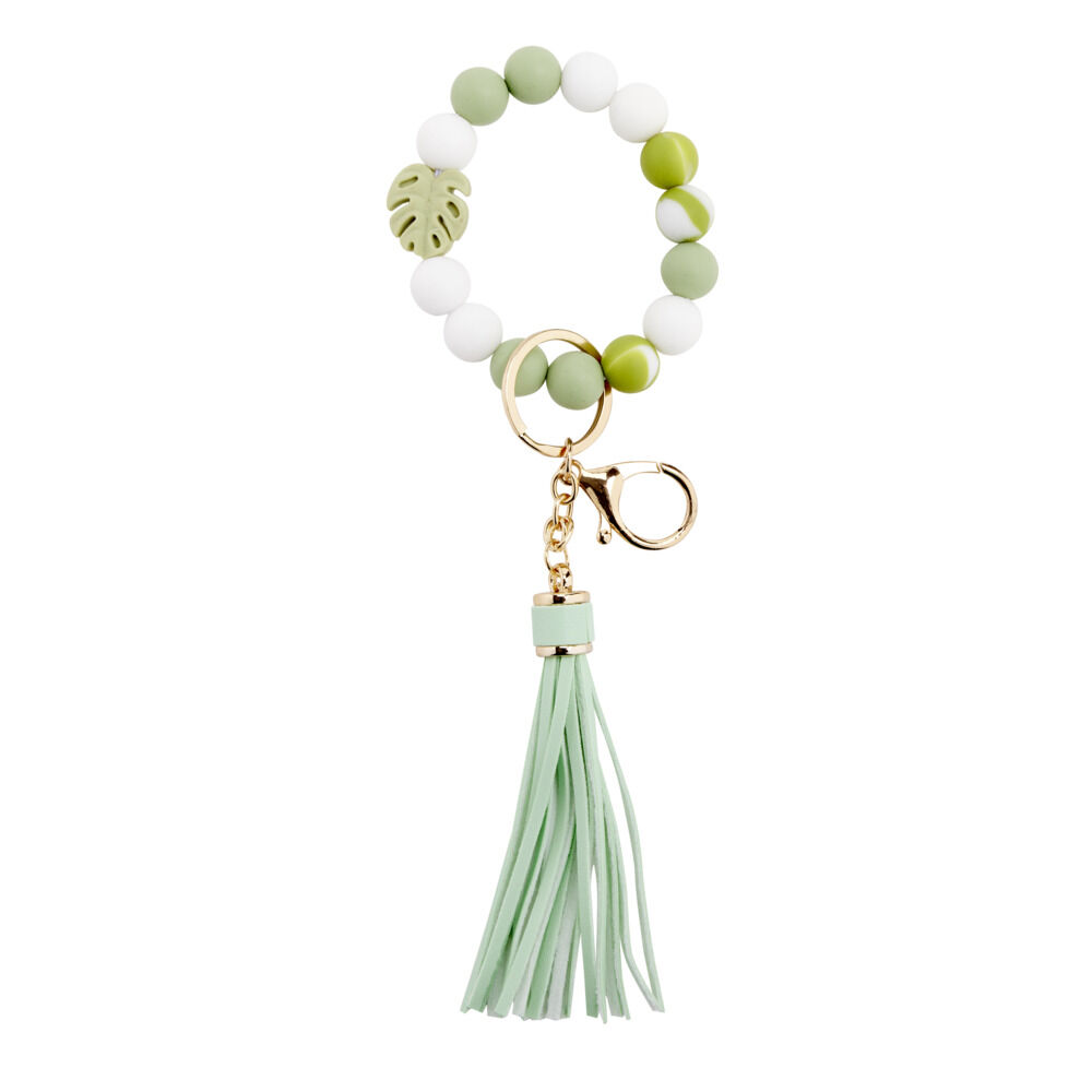 Porte-clé pompon simili et bracelet perle en bois Ø8xL9cm (2 modèles)