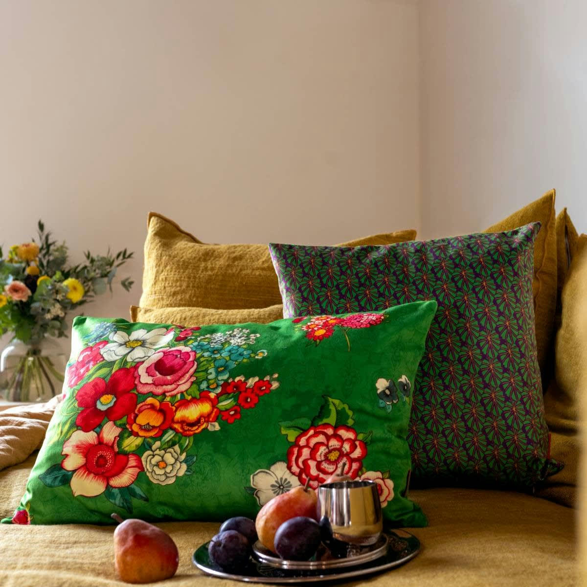 - Housse de coussin velours imprimé fleuri vert 40x60 cm