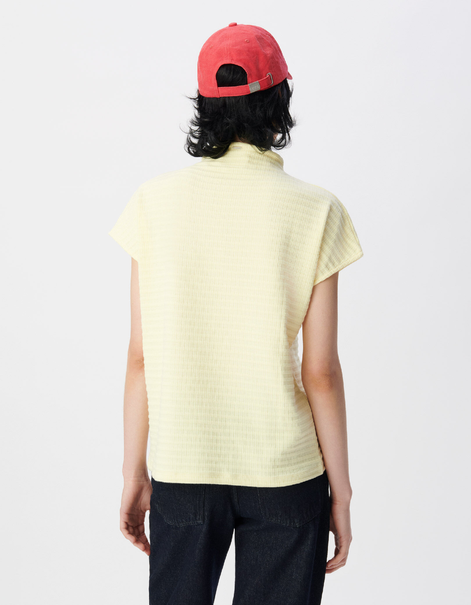 Tee-shirt col montant jaune maille relief Femme