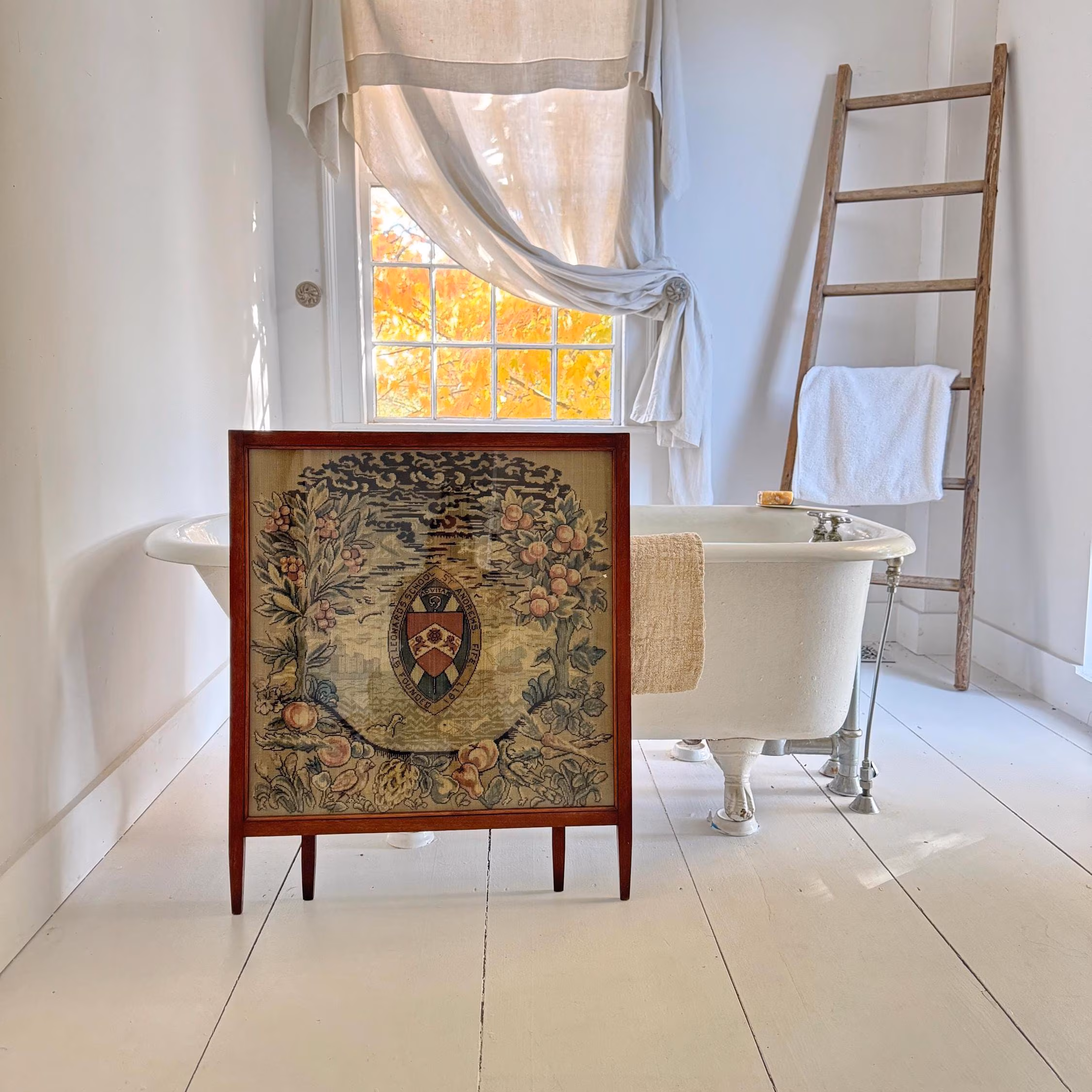 Vintage British Embroidered Fire Screen St Leonards School St Andrews Fife Motto Shield tapestry Bird Unique Art Handmade Rustic Home Decor