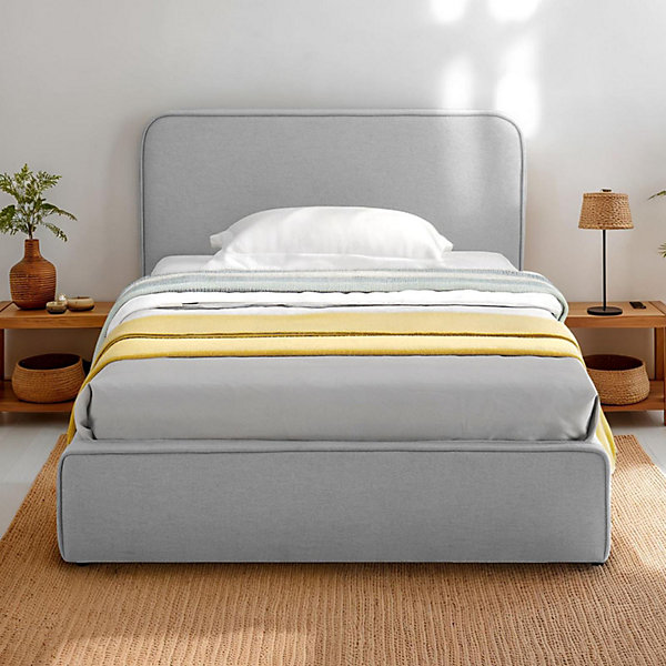 Lit simple BELARTI 90 x 190 cm rembourré, revêtement en tissu - Gris clair