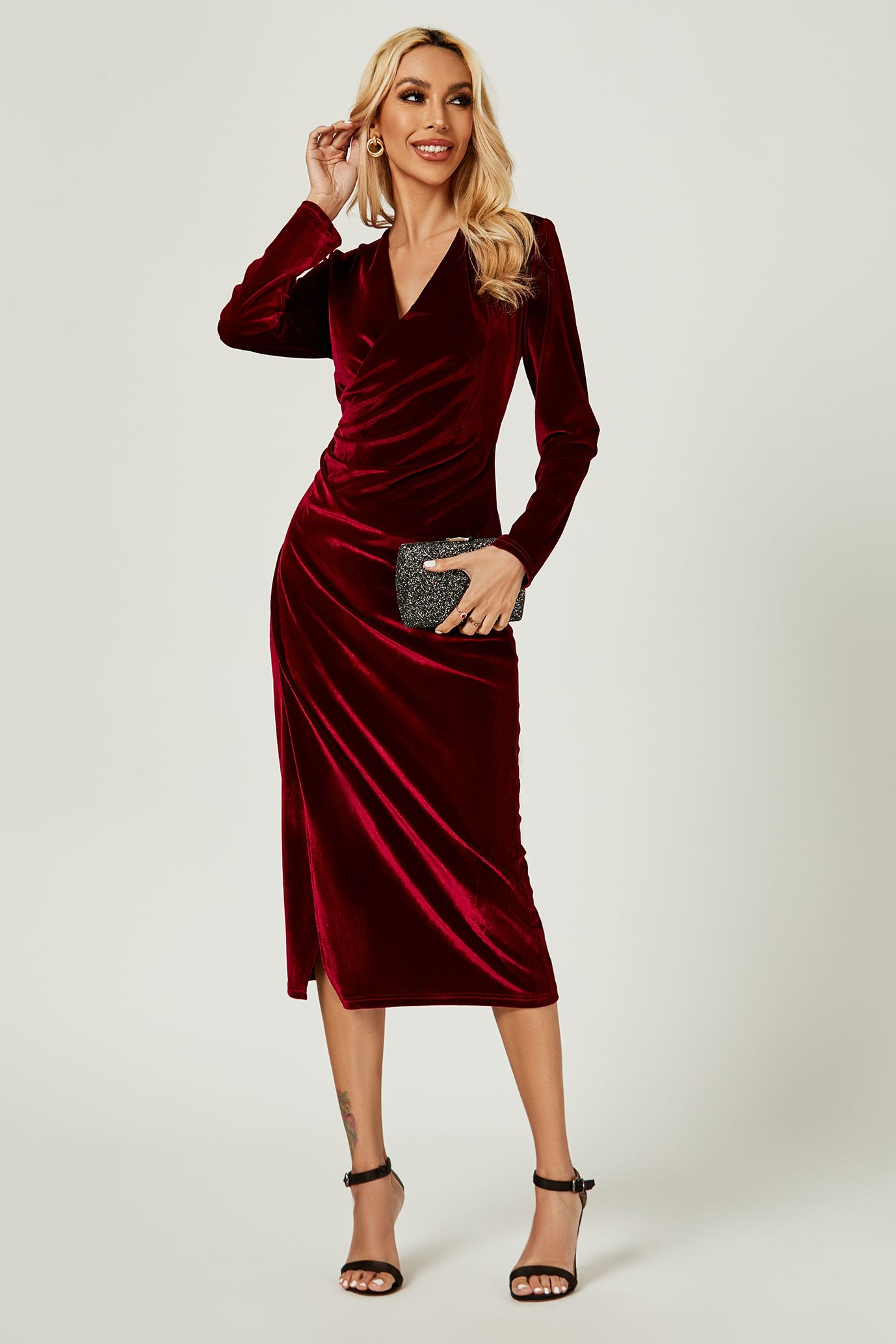 FS Collection Velvet Wrap Style Long Sleeve Midi Dress In Wine