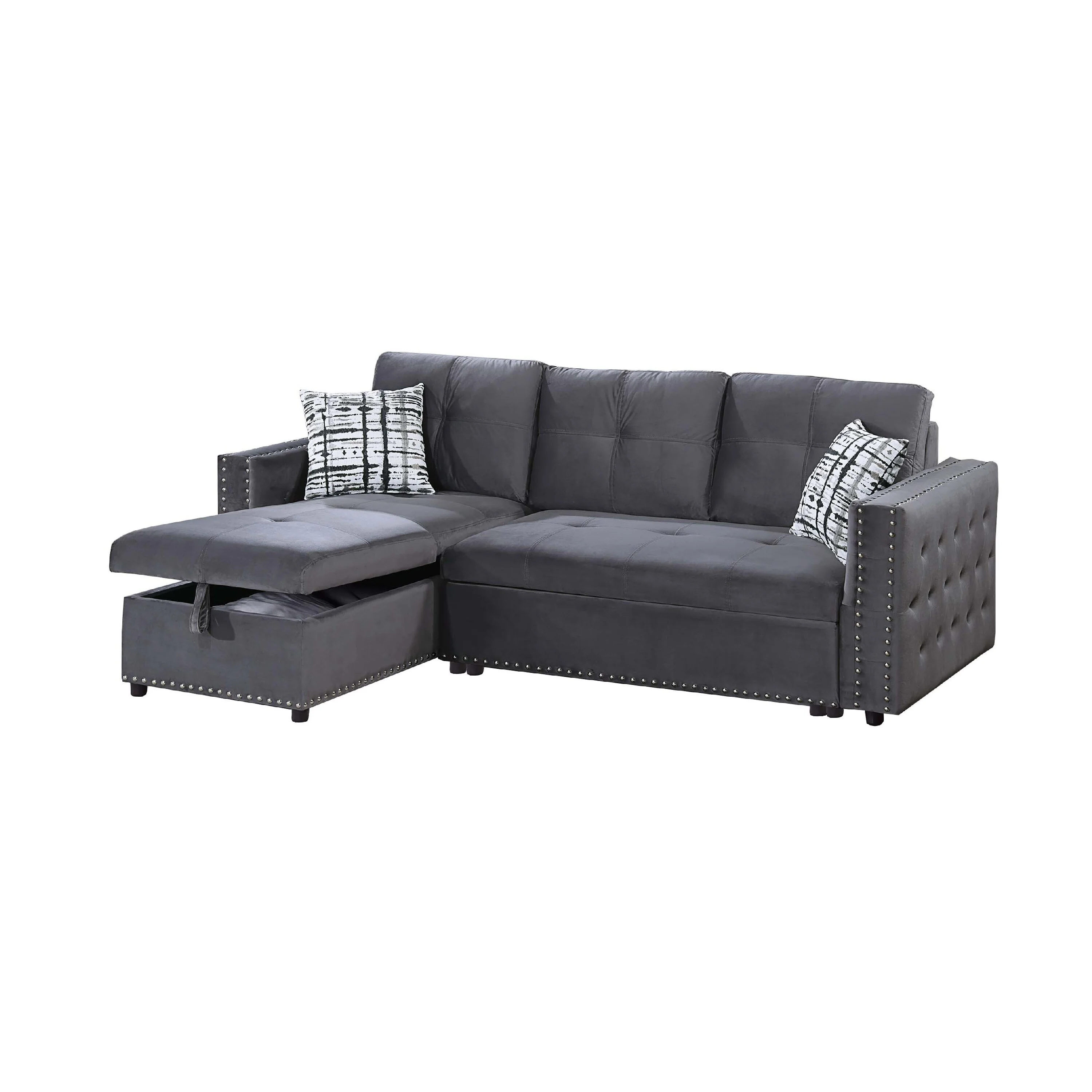 Ero Convertible Sectional Sofa, Storage Chaise, 2 Pillows, Gray Velvet