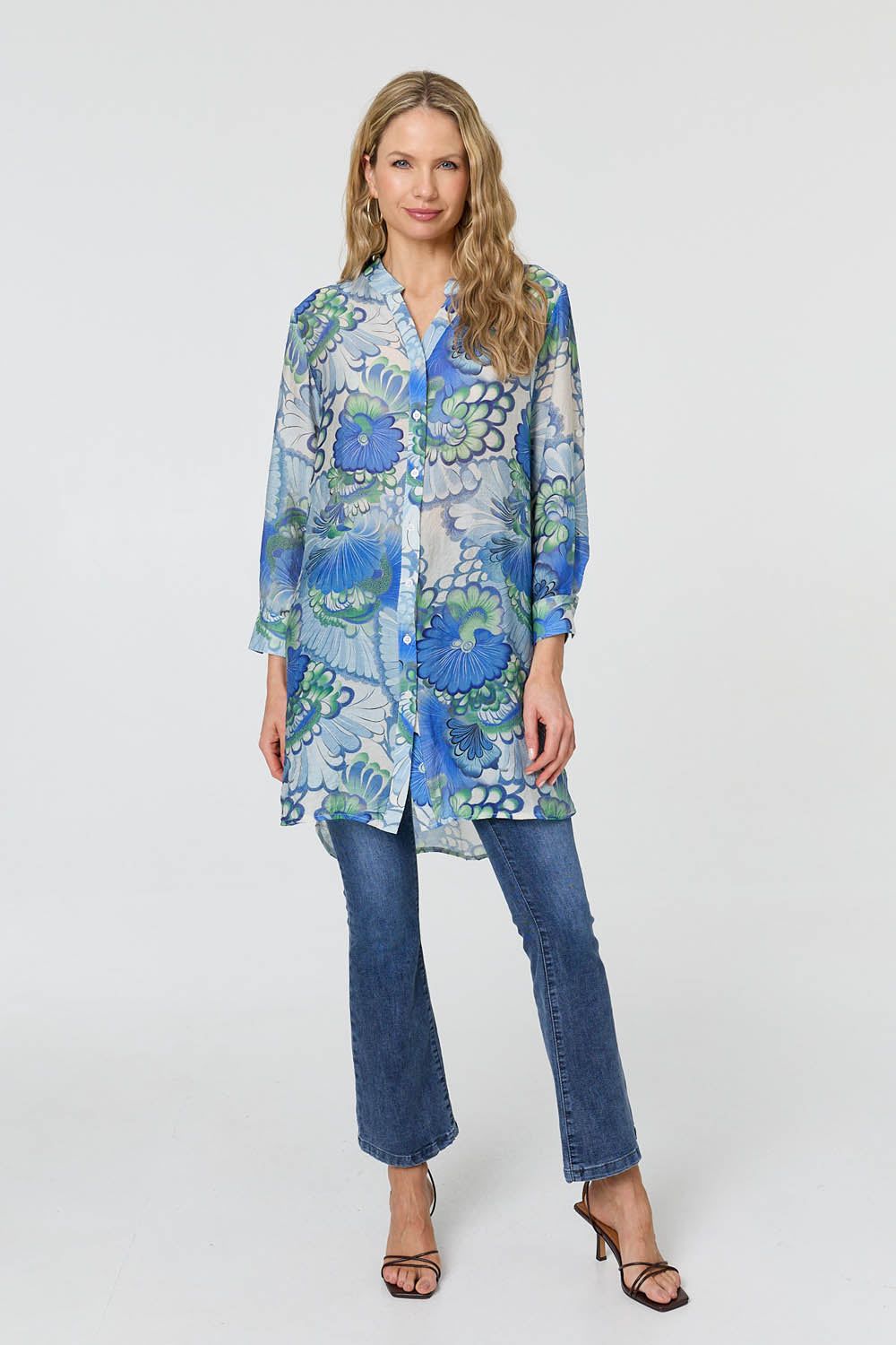 Izabel London Floral Semi Sheer Longline Shirt
